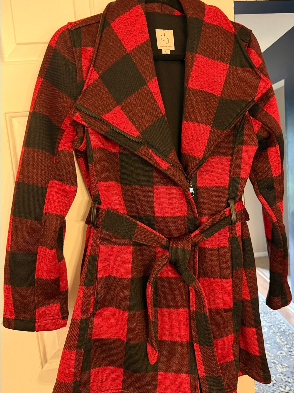 Dress Barn Red and Black Buffalo Plaid Belted Blazer Coat